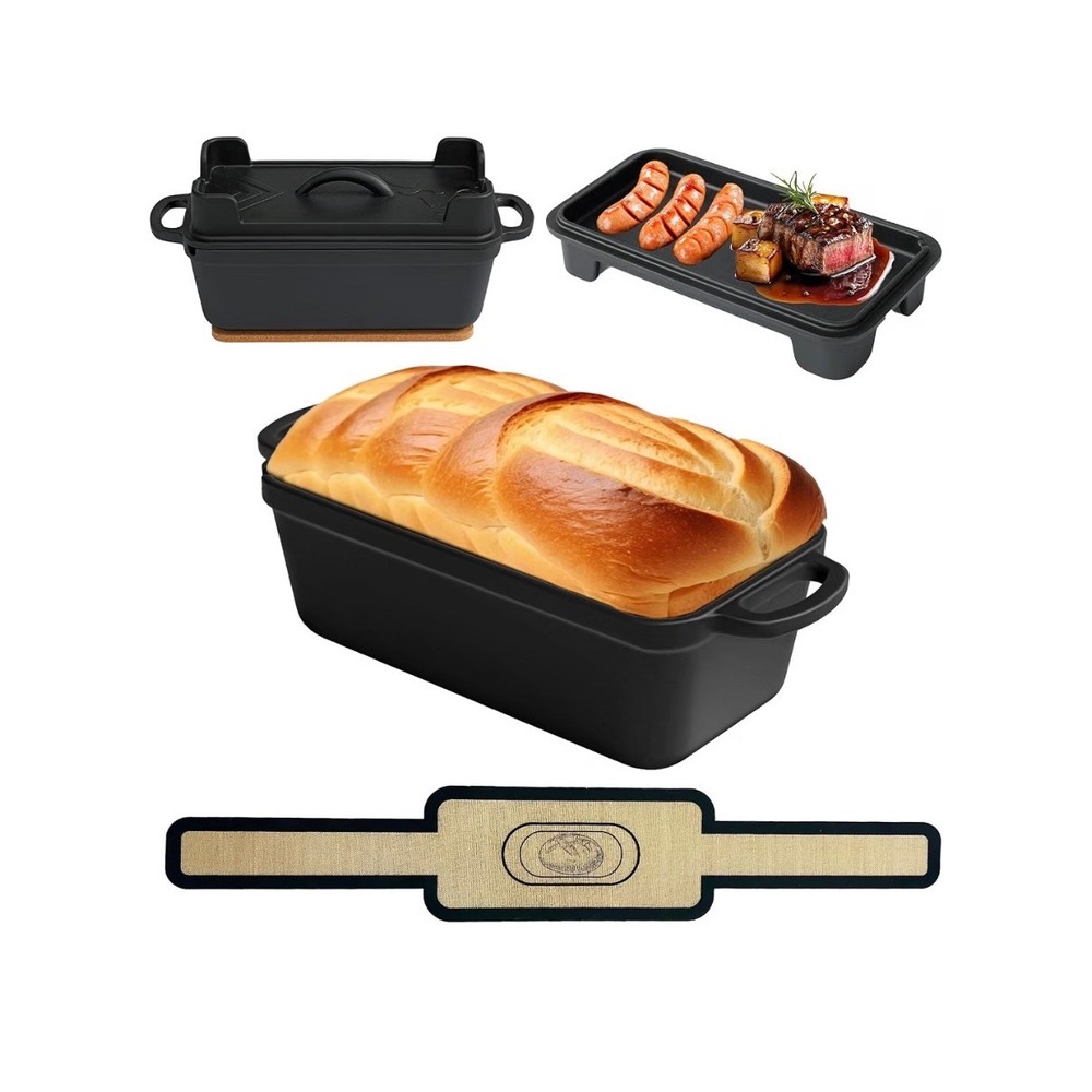 Blisswave Cast Iron Bread Pan with Lid Griddle and Silicone Sling Set Black